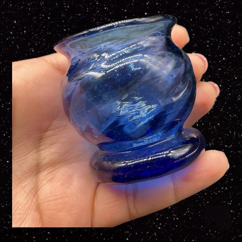 Hand Blown Cobalt Blue Art Glass Miniature Vase Bowl With Bubbles Optic Swirl - Picture 8 of 12