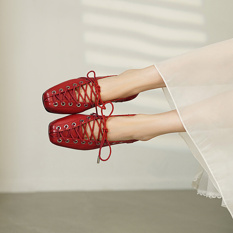 靴 CLANE / OUTSTITCH SQUARE FLAT SHOES Women Square Toes Lace Up Flat Shoes Ballet Style Shoes Large Size