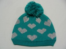 BLUE TEAL WITH SILVER HEARTS - TODDLER SIZE STOCKING CAP BEANIE HAT 
