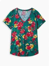 Torrid Heritage Slub Classic V Neck Pocket Tee Floral Green 1 1X 14 16 #B05822