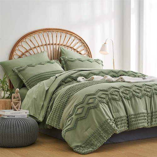 Sage Green Tufted Comforter Set Queen Size 7 Piece Bed in a Bag, Shabby