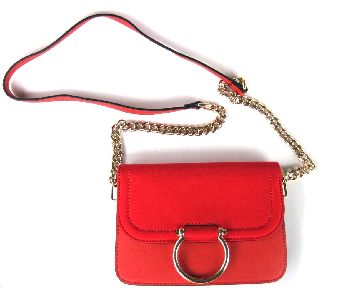 TOPSHOP Red Leather and Felt Gold Chain Crossbody Handbag Purse