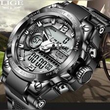 LIGE Digital Analog Mens Military Wristwatch Gents Waterproof LED Quartz Sports