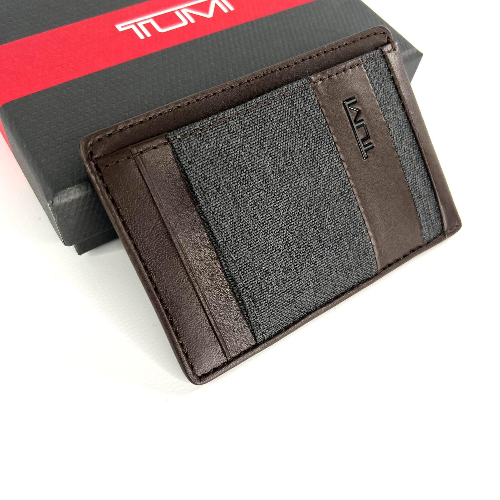 TUMI Alpha SLG Slim Card Case Money Clip Anthracite and Brown Leather Trim