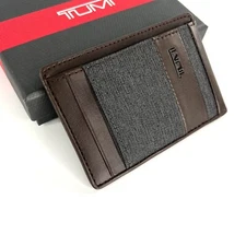 TUMI Alpha SLG Slim Card Case Money Clip Anthracite and Brown Leather Trim