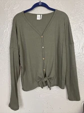 Paper Crane front tie oversized long sleeve top button front V-neck Green Medium