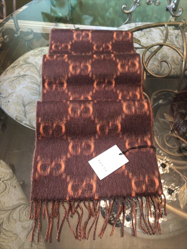 100% Authentic GUCCI Tangerine & Brown Wool Alpaca Big GG Rock Monogram Scarf - Picture 7 of 12