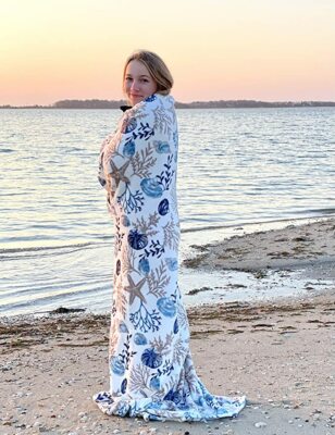 Decorative Ocean Life Throw Blanket Soft Plush Velvet Fleece Blue