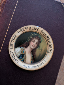 Antique 1900s President Suspenders Ad Tin Litho Tip Tray 4.25” the d Johnson co