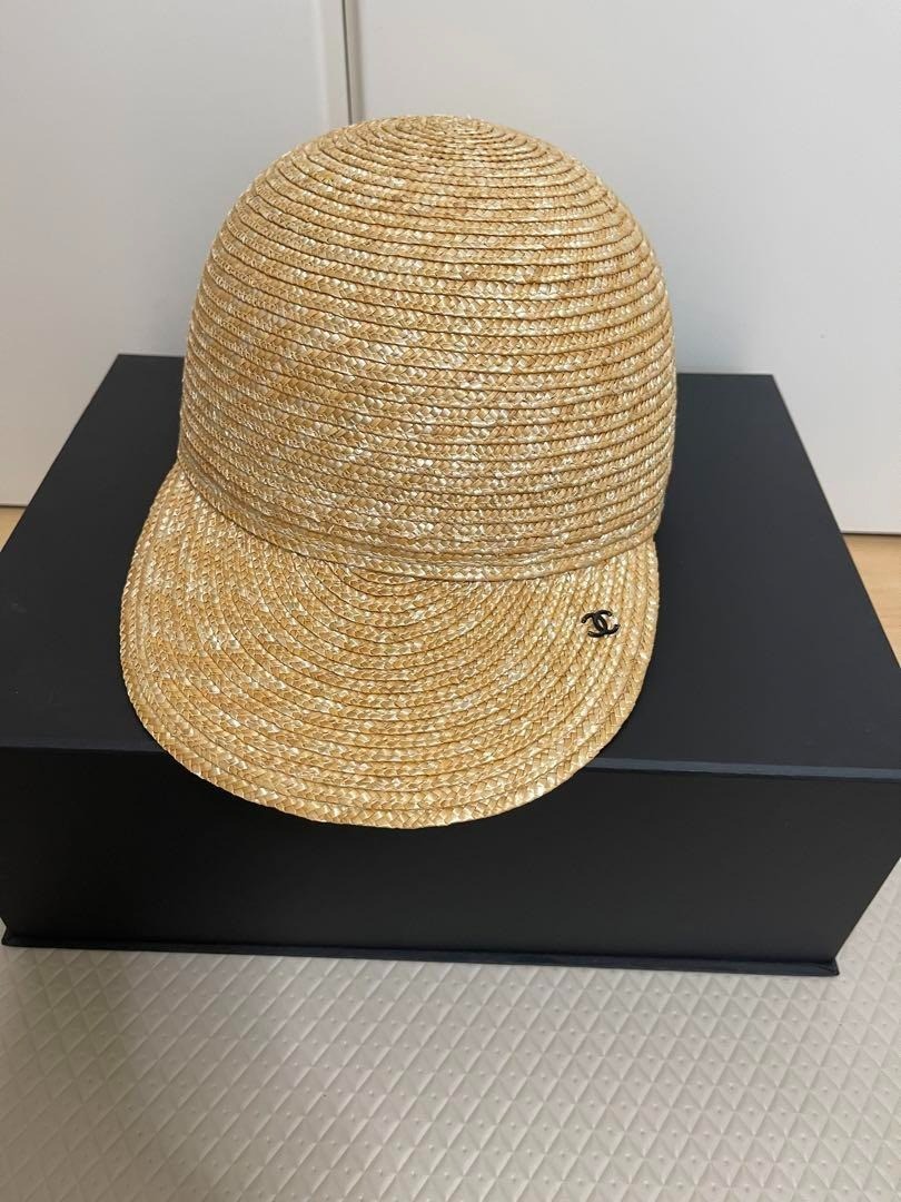 CHANEL Coco Mark Straw Cap HAT BEIGE Size:M | eBay