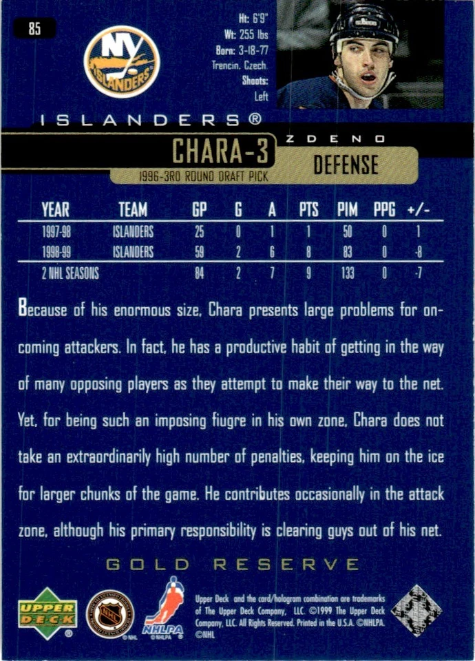 1999-00 Upper Deck Gold Reserve Zdeno Chara New York Islanders #85 - Image 2 of 2