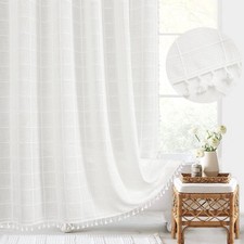 White Boho Farmhouse Shower Curtain with Tassels, Rustic Cottagecore Aestheti...