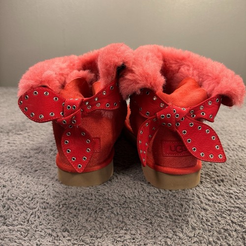 Ugg Cameron Boots Womens 10 Pink Shearling Lined Bow Grommet Fold Down Ankle - Picture 9 of 14