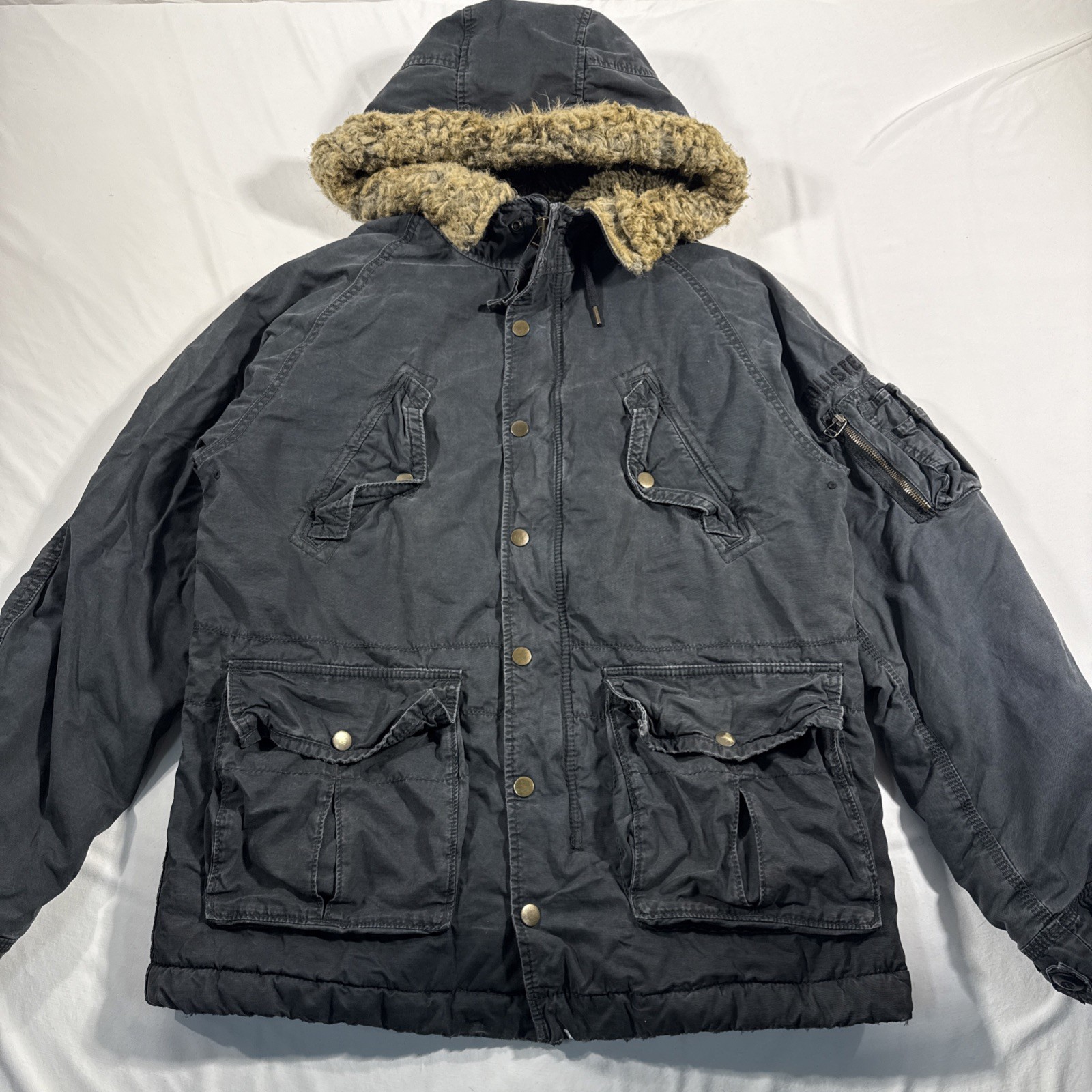 VTG Y2K Hollister Faux Fur Lined Hood Field Parka Jacket Navy Blue Large