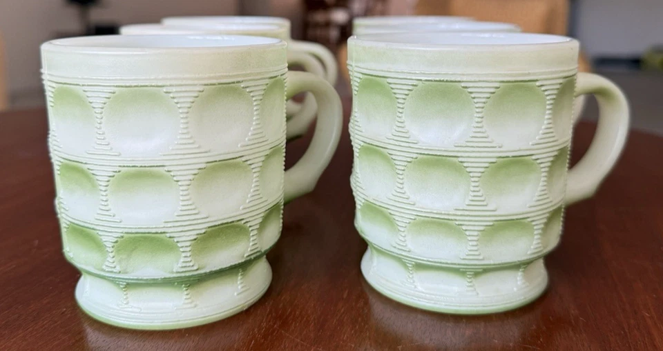 6 кружек Fire-King Camelot Coin Dot эмаль зеленый омбр отпечаток большого пальца США 1960-е MCM - Изображение 2 из 4