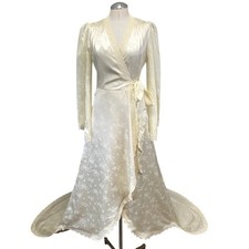 Vintage 80's Wedding Wrap Bridal Robe Lace Satin Cathedral Train Gown
