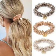 3 Pack White Elastic Hair Scrunchies with Crystal Beads Ponytail Holders
