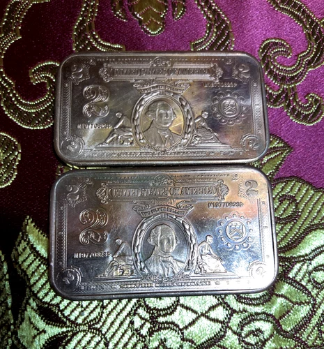2X Treasury 1 oz .999 Fine Copper Bar George Washington $2 Silver Certificates