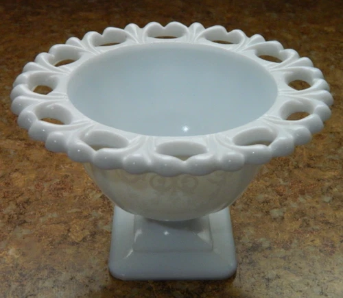Indiana Glass White Lorraine Milk Glass Lace Edge Pedestal Candy Nut Dish Bowl