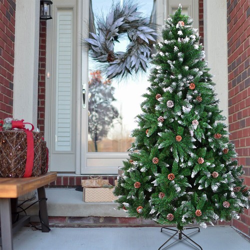 4/5/6/7FT Snow Flocked Artificial Christmas Tree Pine Cone Unlit Hinged Xmas AU - Picture 3 of 20