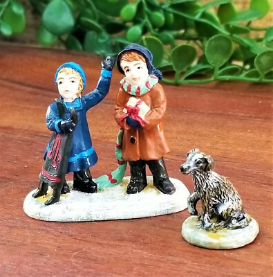 Lang & Wise Folk Villages Joy of Christmas Two Children & Labrador Dog Figurines