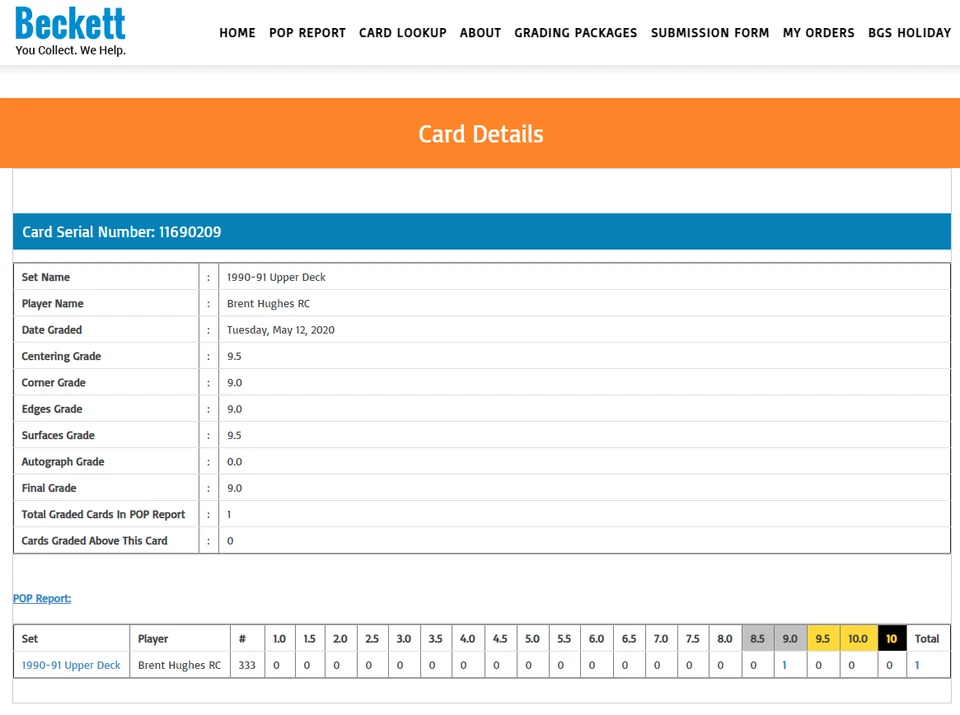 POP 1: Brent Hughes RC BGS 9+: 1990-91 Upper Deck Rookie Card Gisto - Image 3 of 3