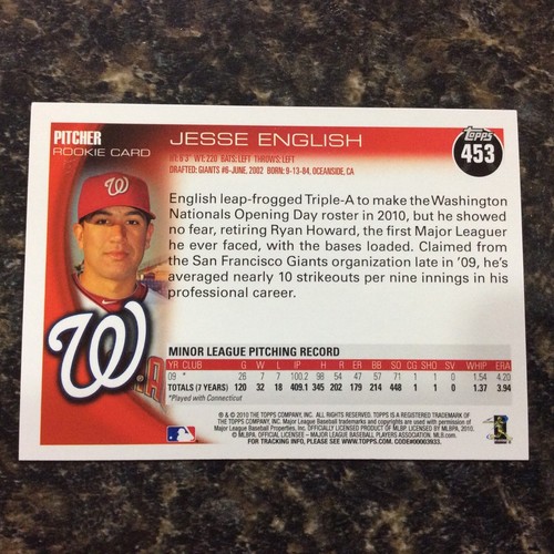 2010 Topps #453 Jesse English RC Washington Nationals - Picture 2 of 2