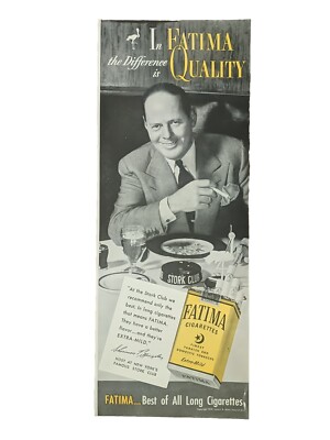 1951 Fatima cigarettes print ad. Featuring Sherman Billingsley Stork Club