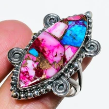 Kingman Pink Dahila Oyster Turquoise Stone 925 Sterling Silver Ring in Variation