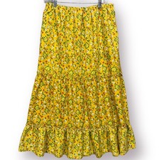 Vintage 70s Maxi Skirt Floral Country Prairie Farm Tiered Cottagecore Yellow M/L