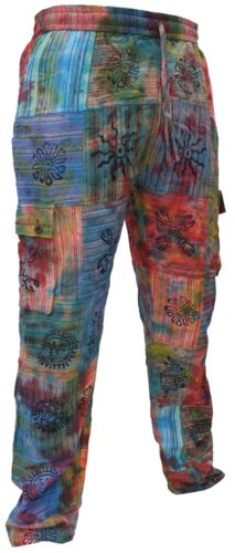 Pantalones de carga para hombre Tie Dye Patchwork coloridos hippy algodón estampado funky - Imagen 3 de 6