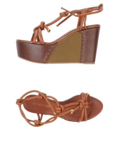 NIB Sergio Rossi $490 Color Block Wedge Sandals Cognac Brown Olive leather 37.5 - Picture 4 of 5