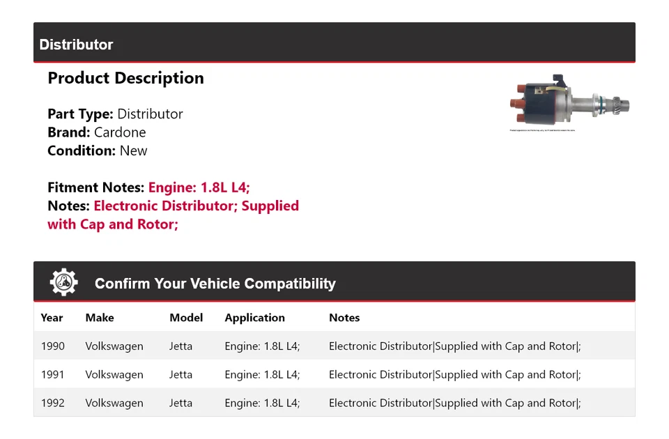 Para Volkswagen Jetta 1990-1992 1.8L L4 Distribuidor Cardone 1991 Foto 2 de 4