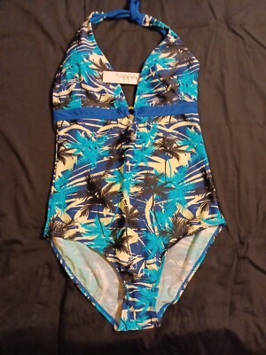 Nicole Miller BLUE Hawaiian Print Halter Style Bathing Suit  SZ 12 NWT