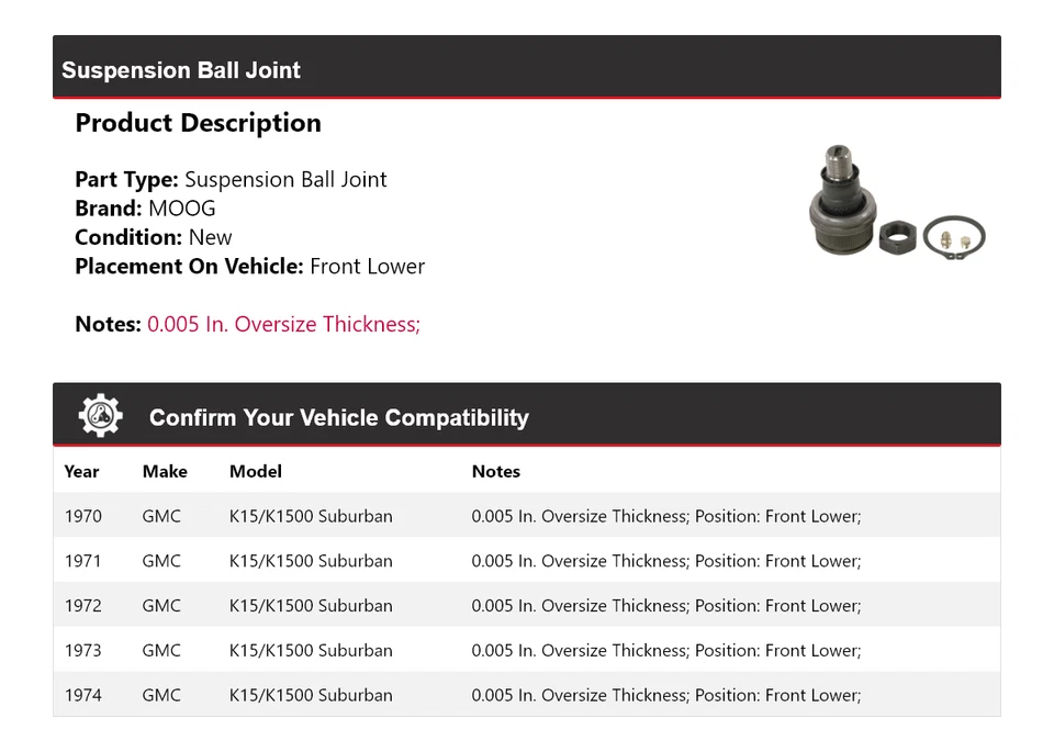 For 1970-1974 GMC K15/K1500 Suburban Suspension Ball Joint Front Lower MOOG 1970 - Image 2 of 4