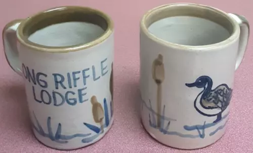 VINTAGE Pair of Louisville Stoneware Ducks and Cattails 'Long Riffle Lodge' Mugs