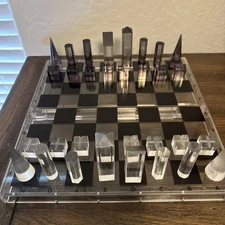 Lucite Chess Board Clear Smoke Modernistic Brutalist Acrylic Set Estate Found