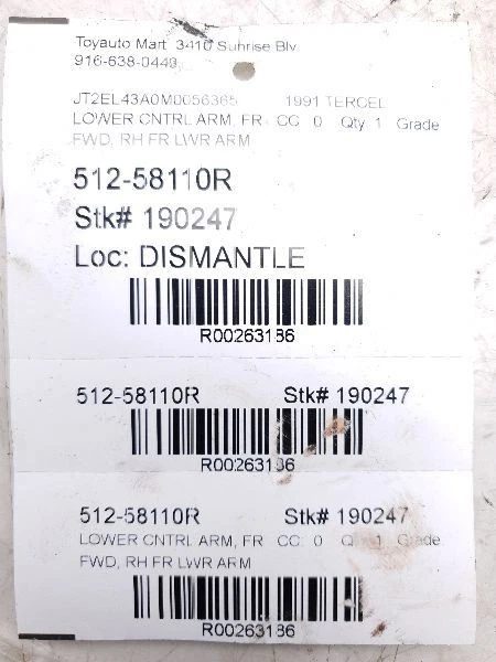 92-99 TOYOTA PASEO LADO PASAJERO BRAZO DE CONTROL INFERIOR DELANTERO DERECHO Foto 4 de 4