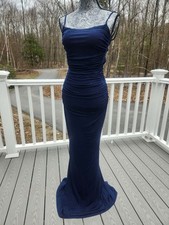 Windsor Navy Ruched Maxi Spaghetti-Strap Evening Dress Mermaid Formal Prom Small