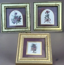 Vintage Heartfelt Mini Floral Prints Gold Distressed Frames 3pc 90s Shabby Chic