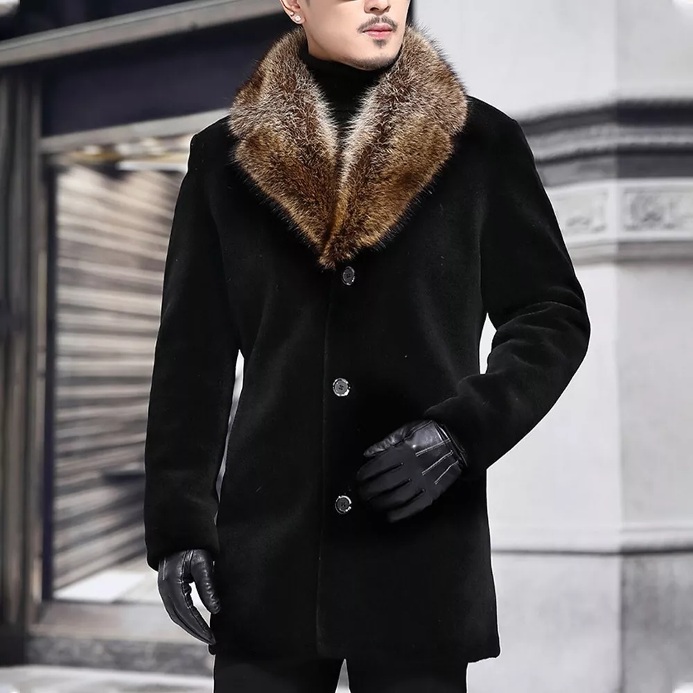 Mens Faux Fur Overcoat Fur Collar Outdoor Jacket Trench Coat Parka Woolen