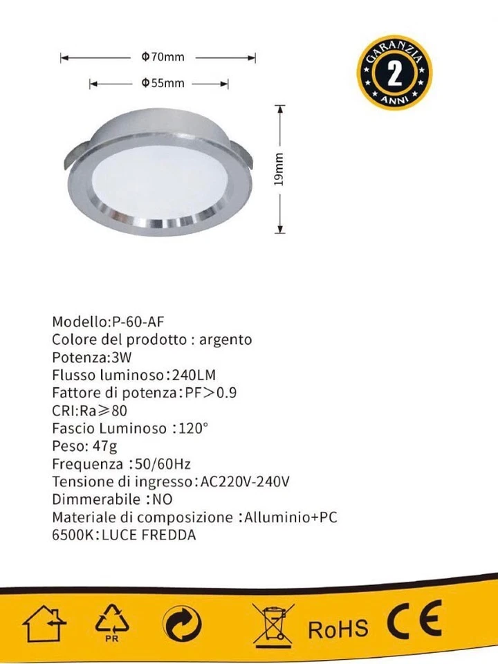 Faretto led a incasso rotondo opaco bordo argento 3 w luce bianca 6500 k p60 - Immagine 4 di 4