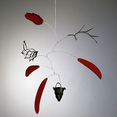 Modern Hanging Mobile Art Red Mesh #1 Lightweight Kinetic Sculpture Serenity