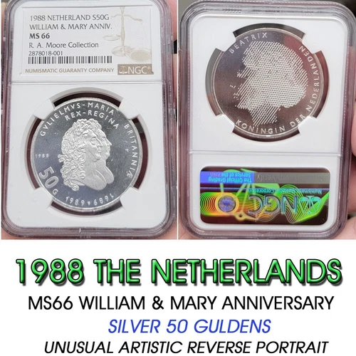 Top Pop!  1988 NETHERLANDS SILVER 50 GULDEN NGC MS66 william & mary anniversary