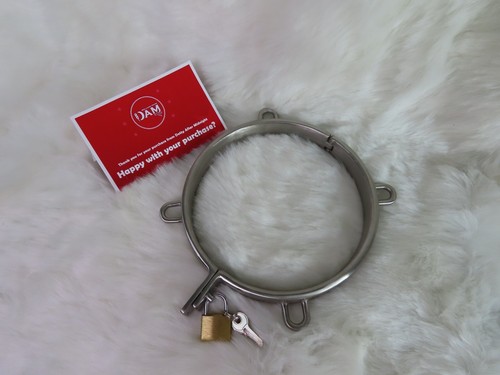 Collar with 4 Steel D-Rings (Stainless Steel) and Brass Padlock. bondage, goth - Picture 2 of 4