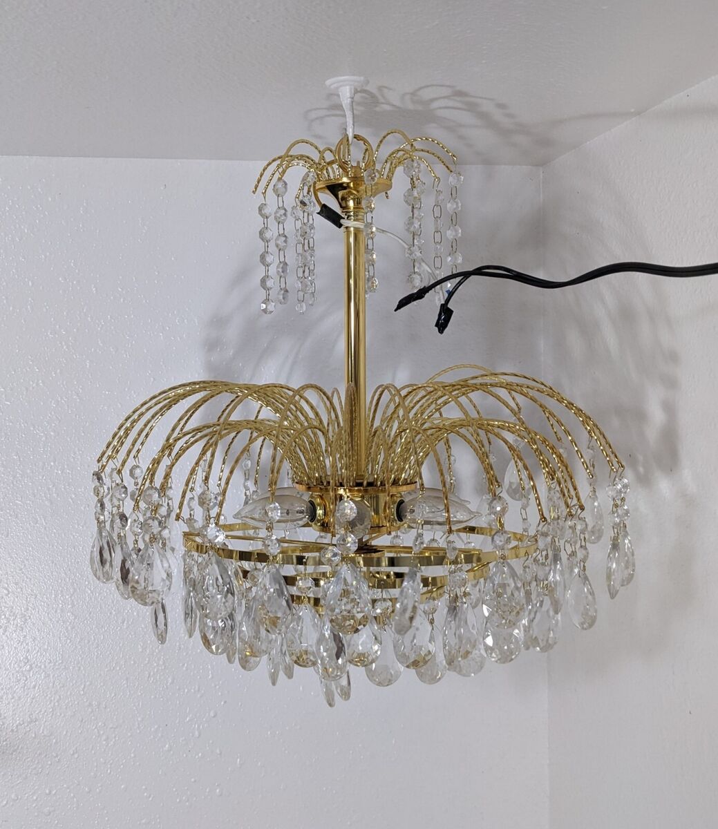 Luminaire Gold Metal Crystal Waterfall Chandelier Vintage Luminaire Gold Metal Crystal Waterfall Chandelier Vintage
