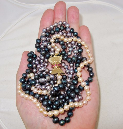 Five Strand 16" Multi-Color Pearl Necklace with Big 14K Yellow Gold & Ruby Clasp - Picture 11 of 12