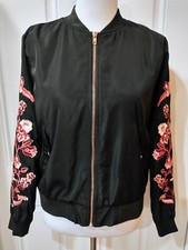 Minkpink Jacket, Size M, Satin Black W/pink Floral Embroidery, Pockets, Zip