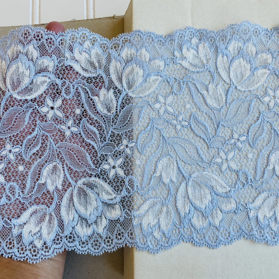 "Ribete de encaje floral azul y blanco elástico para bebé para costura/lencería/artesanía/6,25"" de ancho" Foto 2 de 4