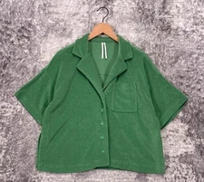Anthropologie Top XXS Womens Green Terry Cloth Camp Collar Boxy Button Shirt